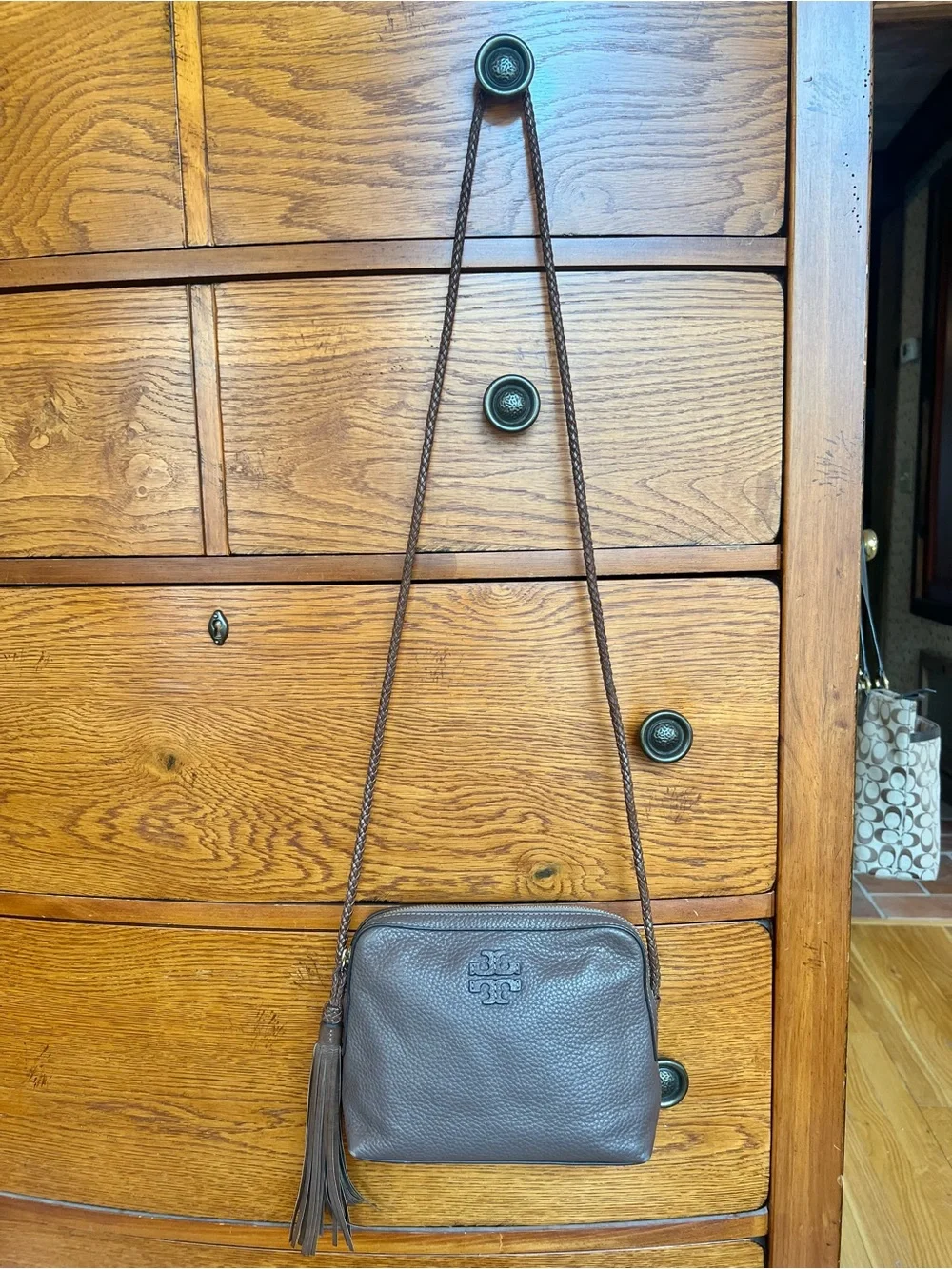 Tory Burch Brown Taupe Silver Maple Taylor Camera Crossbody Shoulder Bag